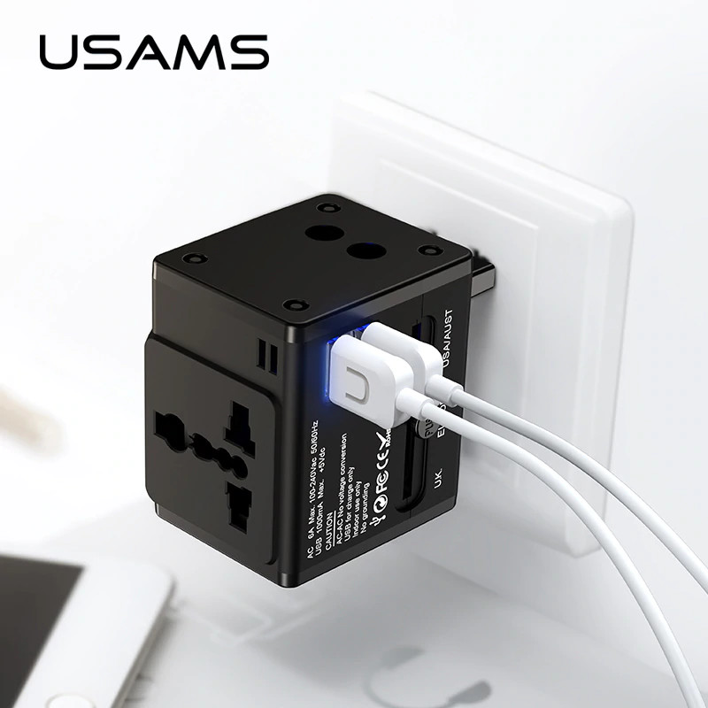 Adapter củ cóc sạc đa năng hiệu USAMS T2s TRAVEL hỗ trợ mọi ổ cắm mọi quốc gia trên thế giới (Trang bị chip điều khiển dòng điện thông minh, tiêu chuẩn quốc tế, chân cắm thu gọn) - Hàng nhập khẩu