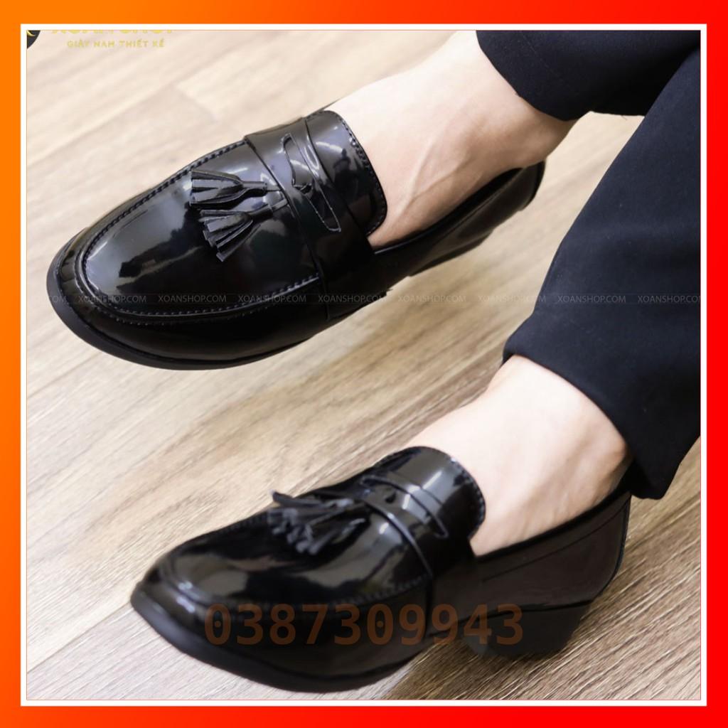 Giày Lười Nam Da Bóng Gắn Chuông Đế Cao Su Đúc 3cm Mã L160 Màu Đen Hàng Việt Nam