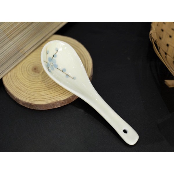 Thìa sứ ăn cơm men kem Bát Tràng họa tiết vẽ tay cao cấp