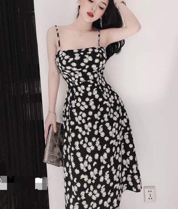 Đầm lụa 2 dây in hình hoa cúc nhỏ