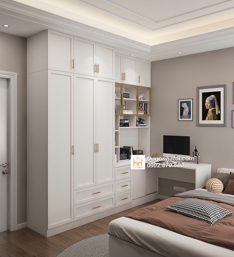 Bàn làm việc kết hợp tủ quần áo phong cách tân cổ điển 2m4 x 2m4 - TA214