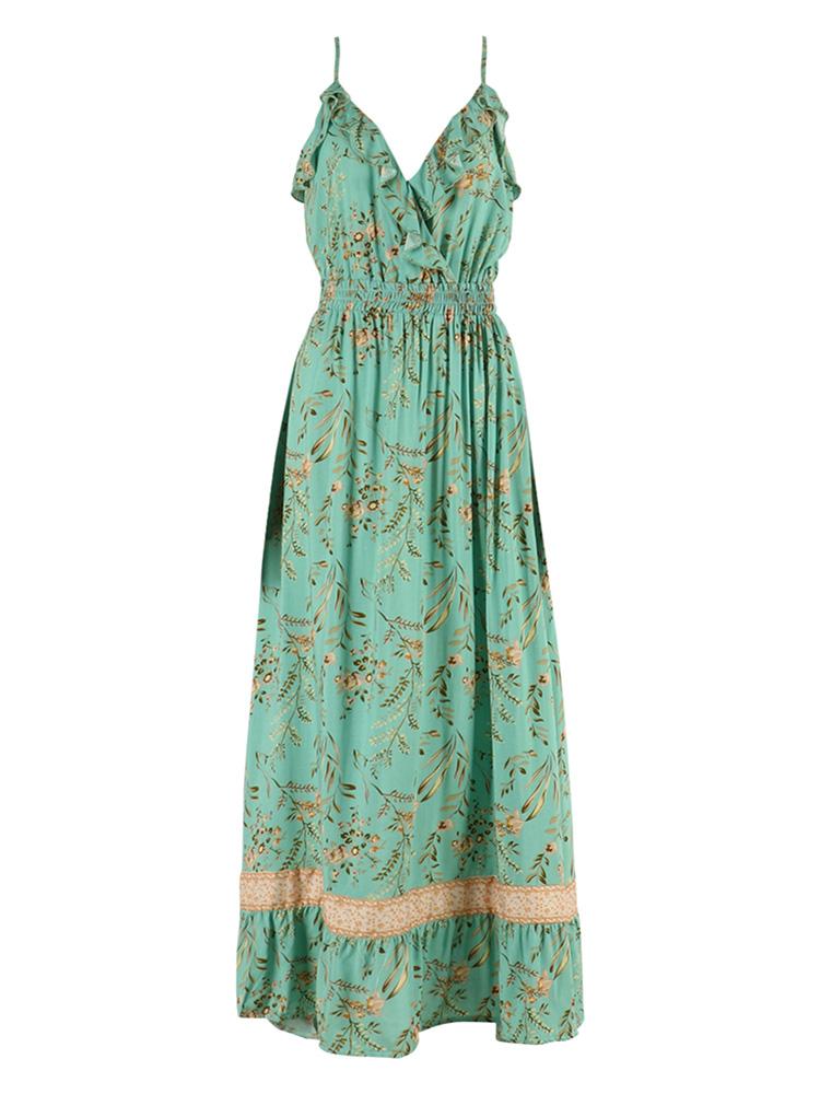 Boho Women Dress Floral Print Deep V Neck Spaghetti Strap Sleeveless High Waist Backless Ruffle Maxi Beach One-piece