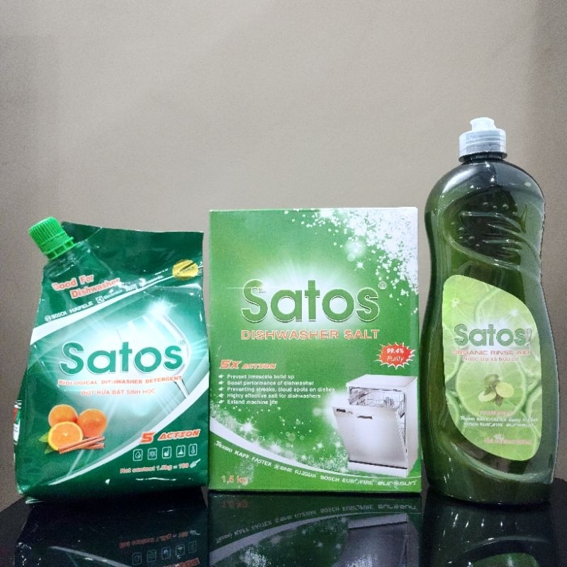 COMBO Bột rửa bát sinh học Satos+Muối 1.5kg+Bóng 800ml Hữu cơ - Dùng Cho Máy Rửa Bát