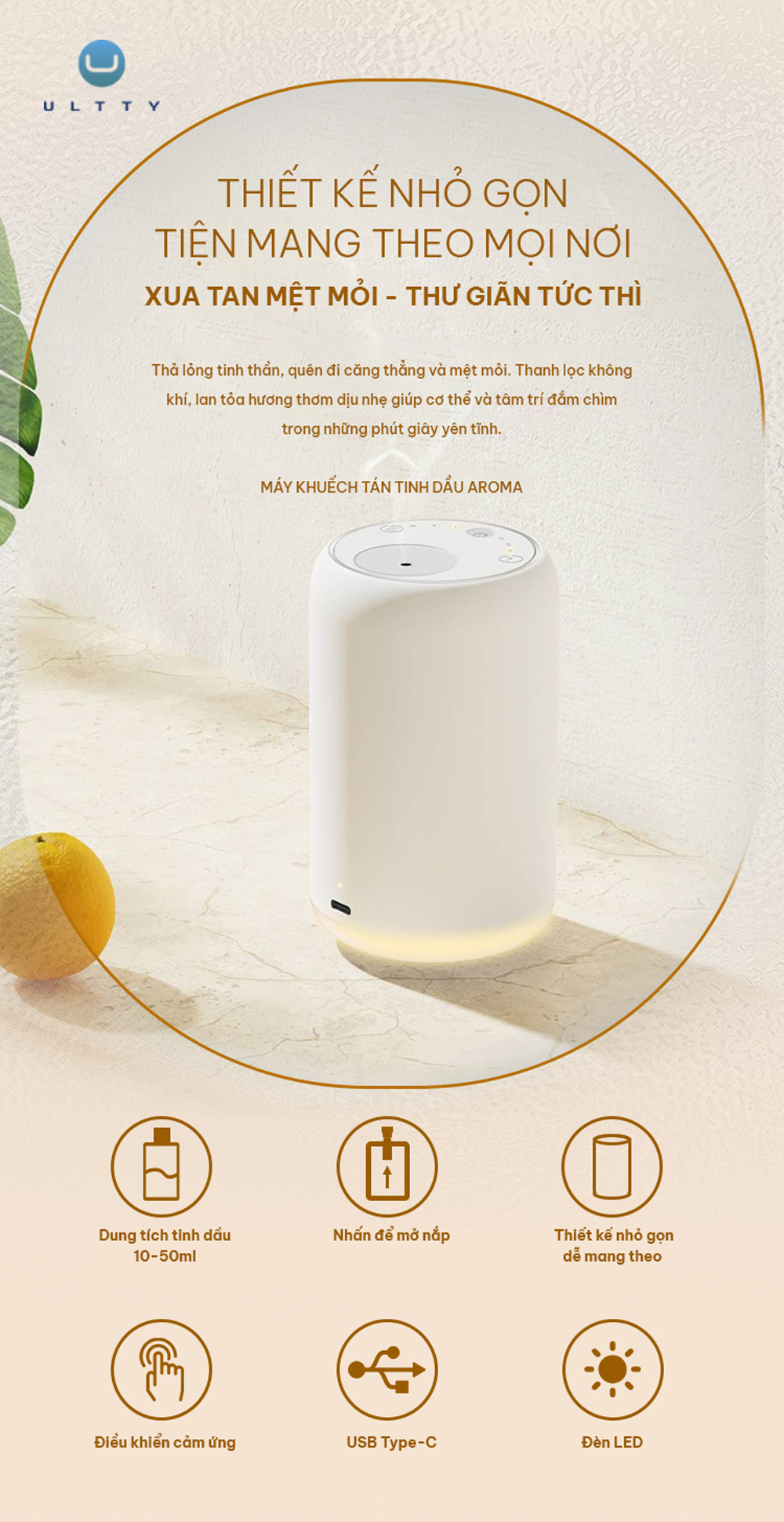 Máy Khuếch Tán Tinh Dầu U ULTTY Aroma – 3 Mức Lan Tỏa Hương, Đèn LED Thư Giãn, Thiết Kế Nhỏ Gọn, Sang Trọng, Tiện Lợi