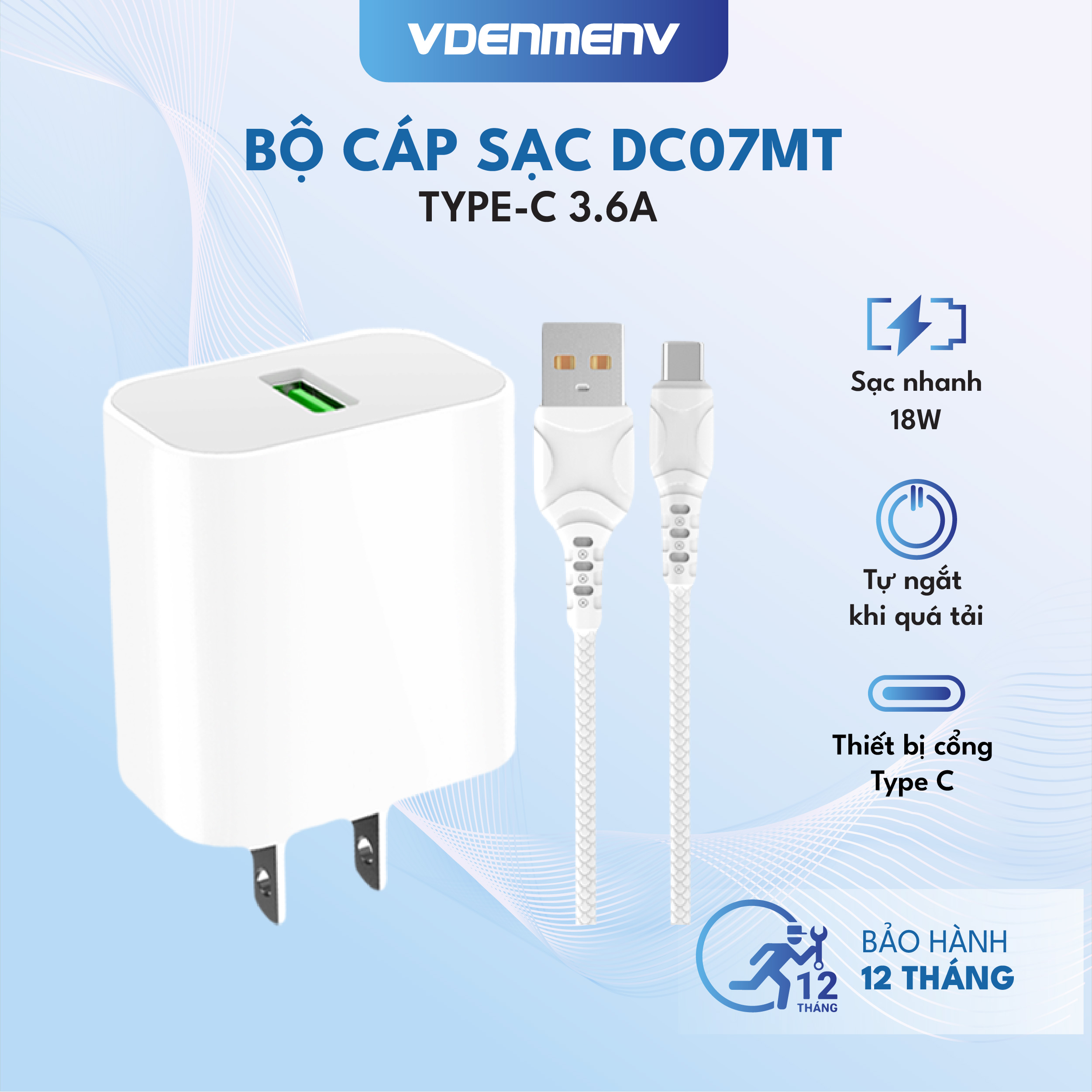 Bộ Cáp Sạc Nhanh Type-C 18W VDENMENV DC07MT (3.6A) QC 3.0, Chống Cháy Nổ, Truyền và Tải Dữ Liệu - Hàng Chính hãng