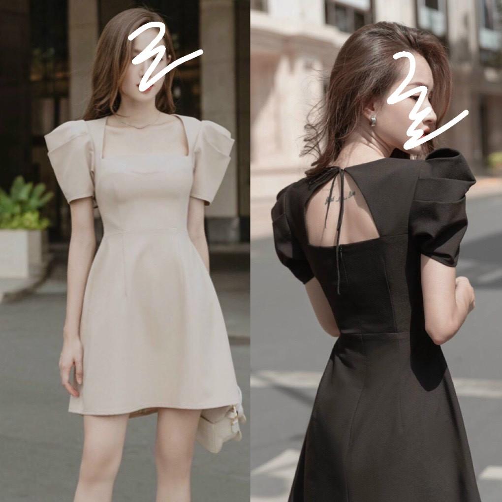 Đầm xanh cổ vuông tay phồng