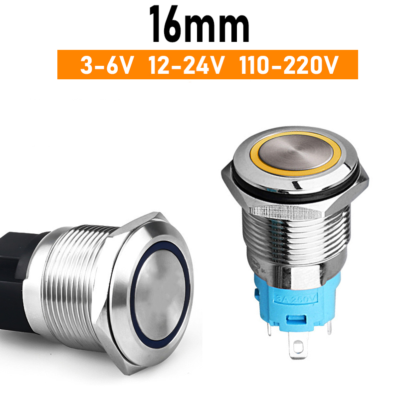 Nút công tắc nhấn nhả tự phục hồi, Nhấn Reset 16mm (3-6V, 12-24V, 110-220V) Vỏ INOX chống nước