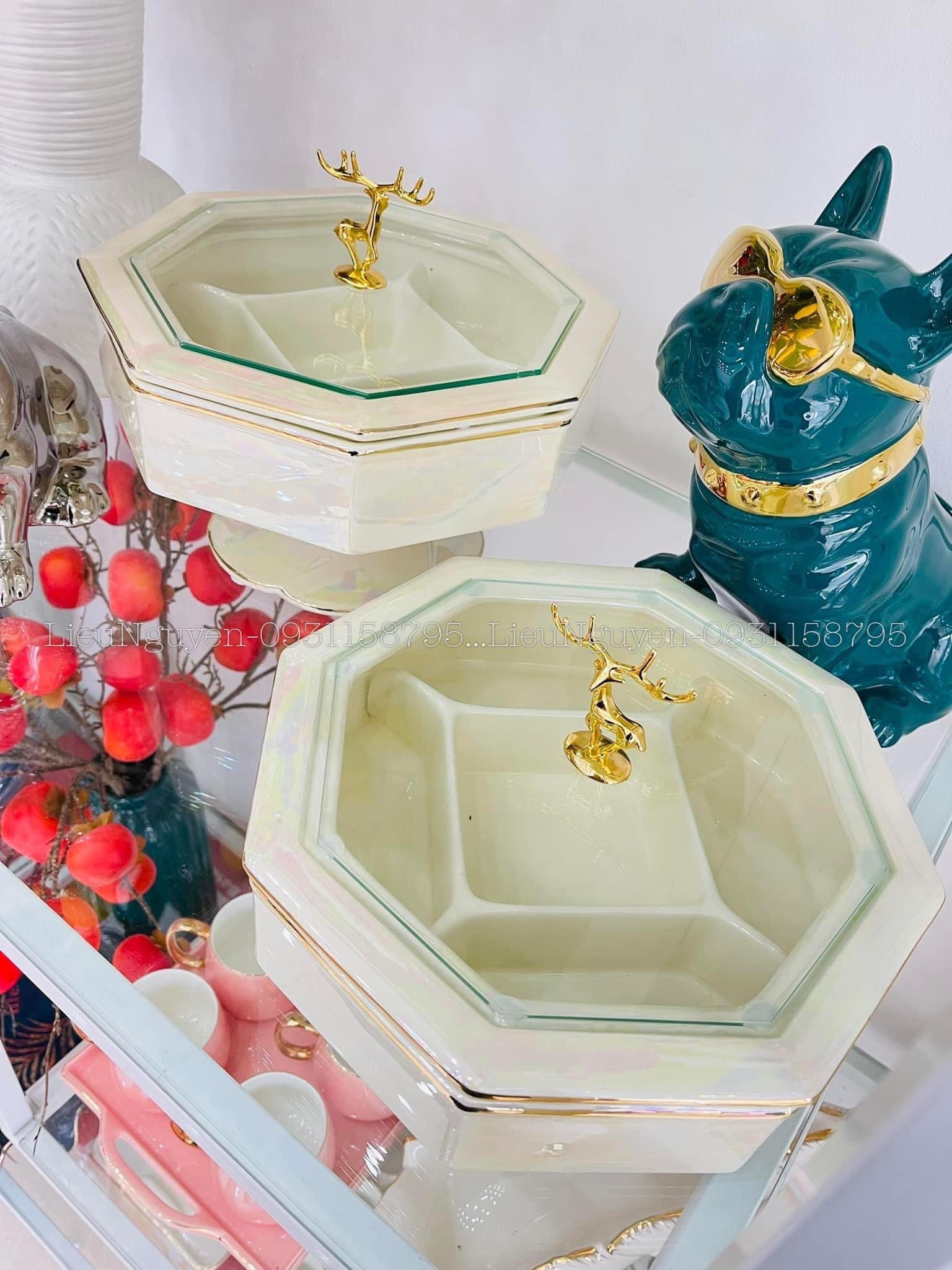 Khay mứt sứ hươu hologram cao cấp