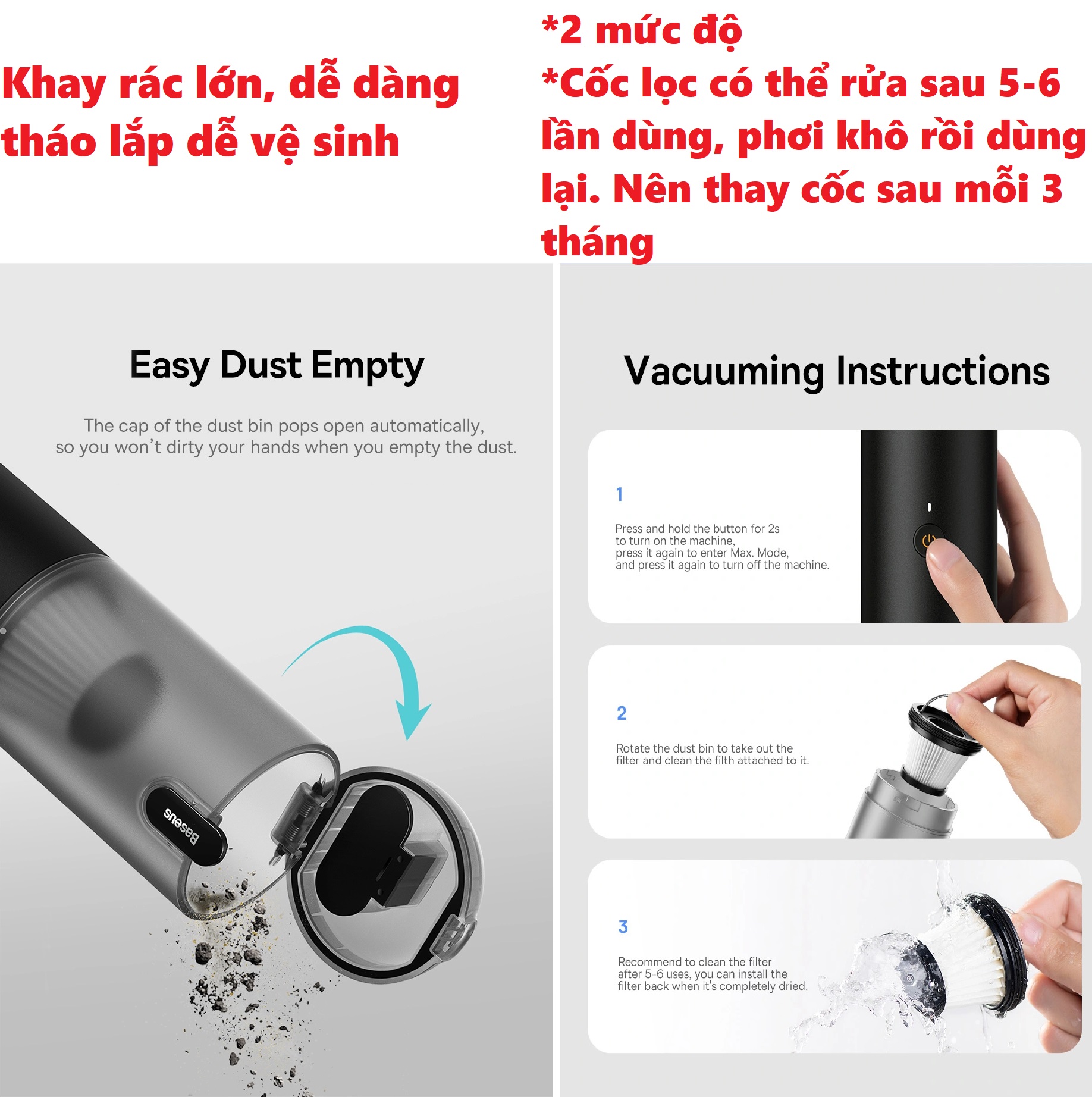 Máy hút bụi cầm tay 100w kiêm dụng cụ bơm hơi dùng trên ô tô Baseu A3 Lite _ Hàng chính hãng