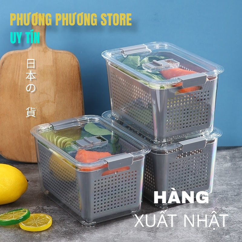 Hộp Nhựa Đựng Thực Phẩm, Hộp Bảo Quản Thực Phẩm Tủ Lạnh 2 lớp Trong Suốt, Giúp Ráo Nước Bảo Quản Tiện Lợi