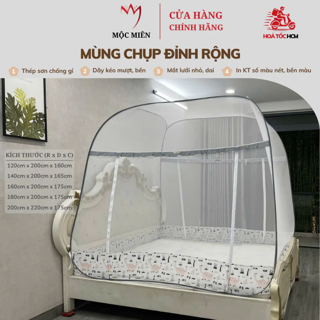 Mùng Chụp Màn Chụp Tự Bung Đỉnh Rộng Cao Cấp 1m6x2m có viền chân - Mộc Miên ( có 2 Cửa)
