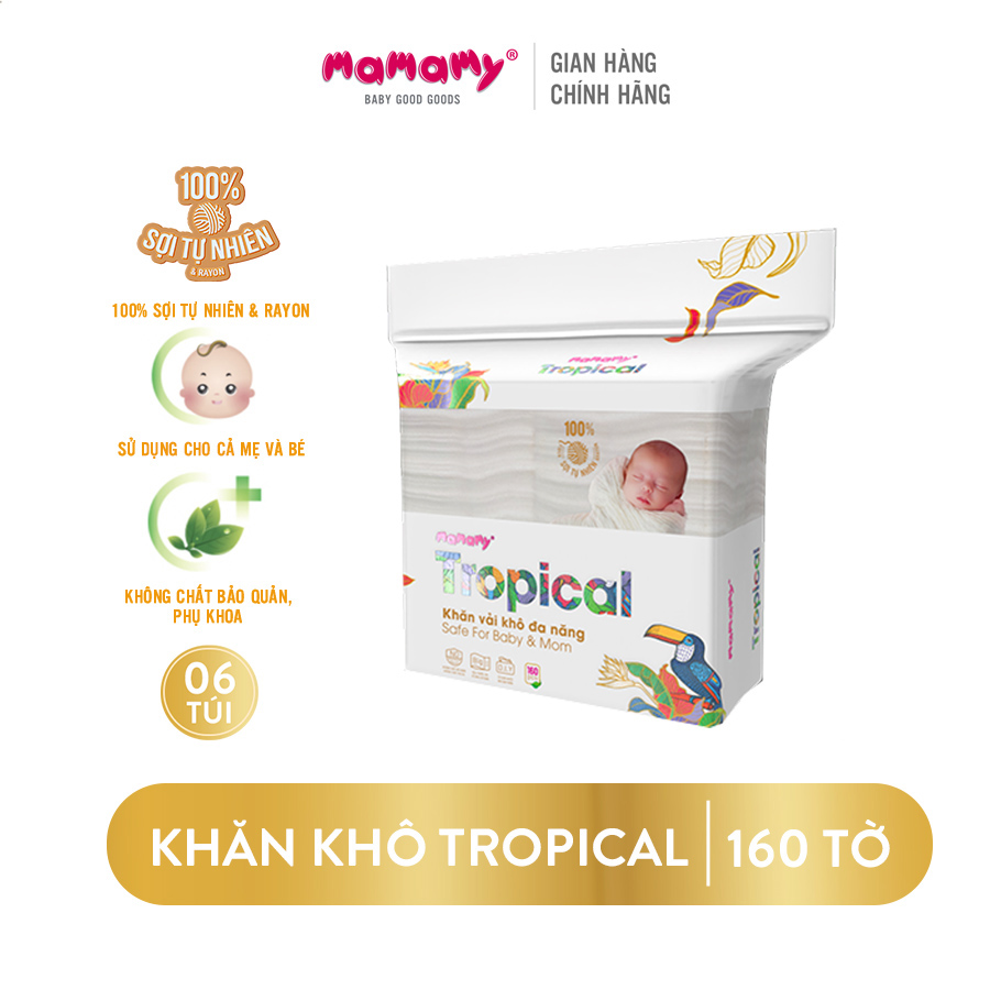 Combo 6 túi khăn khô 100% sợi tự nhiên &amp; rayon Mamamy Tropical 160 tờ