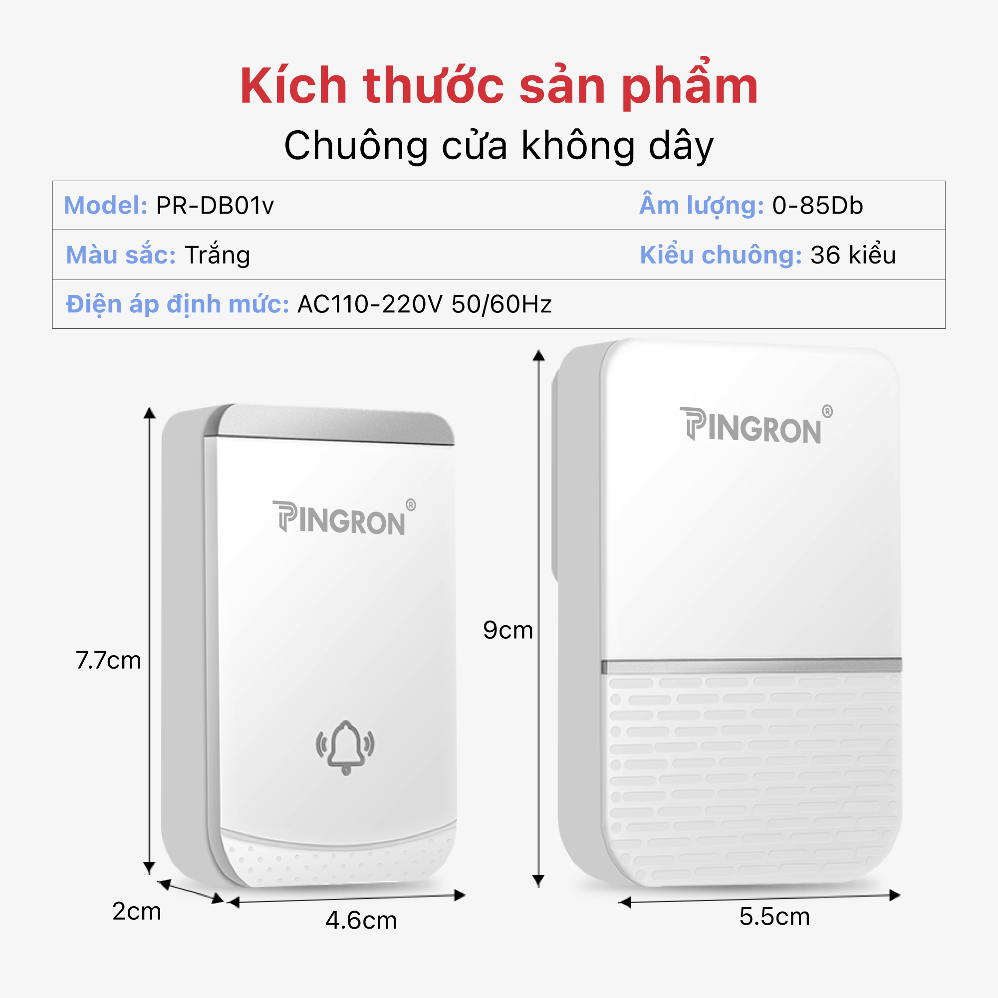 Chuông cửa không dây chuông báo khách không dây PINGRON PR-DB01 - Âm thanh 85Db, điều chỉnh 4 mức âm lượng, khoảng cách 300M