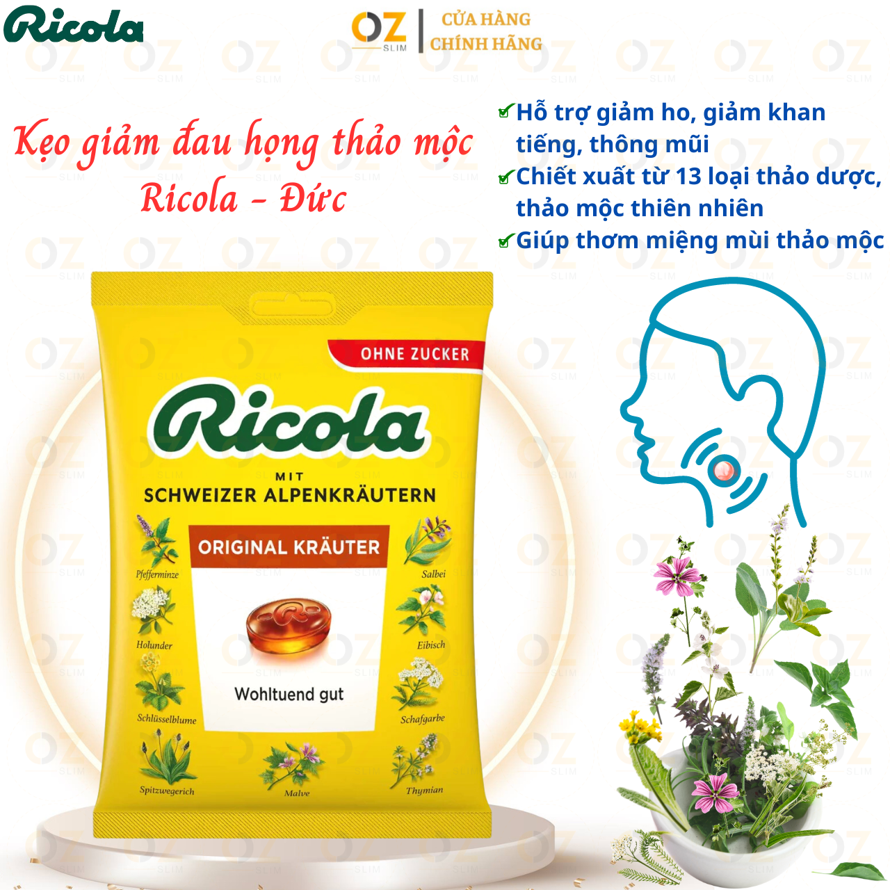 Hỗ trợ giảm đau họng Ricola Shweizer Krauterzucker chứa 13 loại thảo mộc đem đến cảm giác dịu nhẹ cổ họng và thơm mát (dạng kẹo) - OZ Slim Store