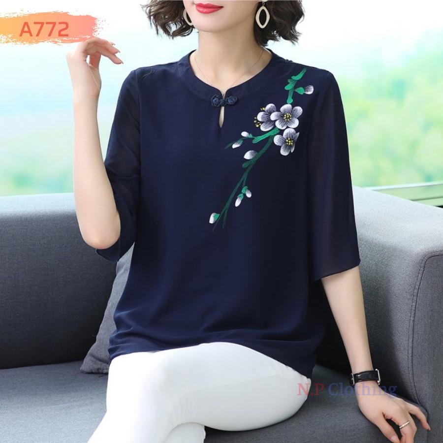 ️Có Big Size️Áo Kiểu Trung Niên Phối Họa Tiết Hoa Sang Trọng Đi Tiệc Cho Mẹ U50-80