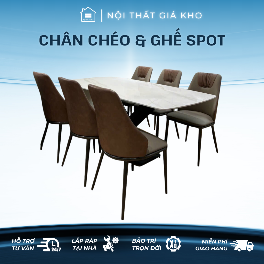 Bàn ăn mặt đá ceramic bóng chân chéo kết hợp ghế spot, bàn ăn mặt đá hiện đại 4 ghế 6 ghế 8 ghế