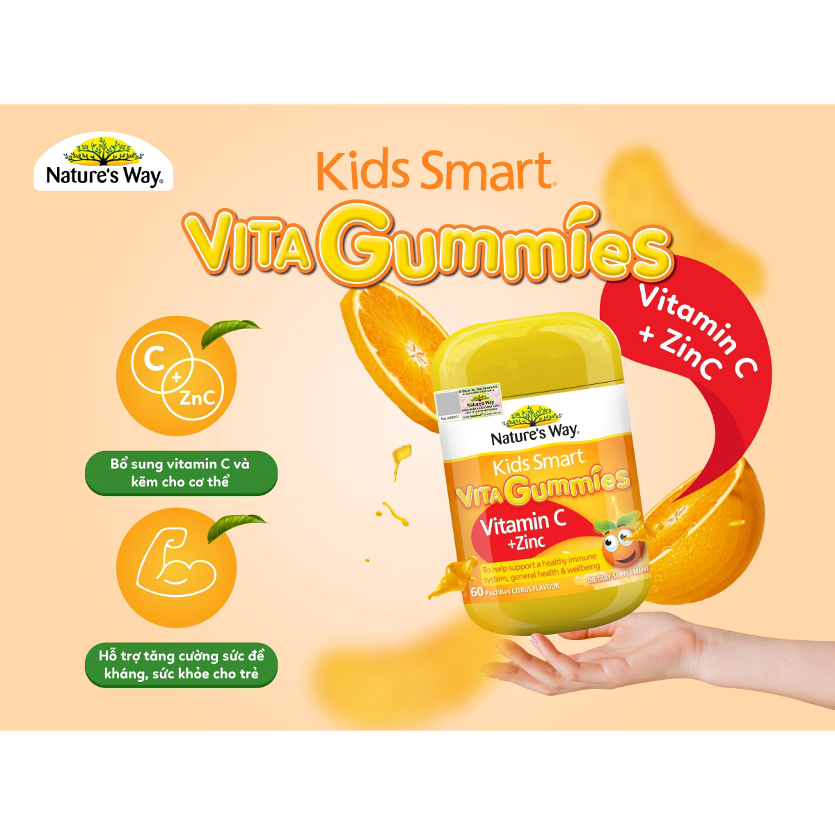 Nature's Way Kids Smart VITA GUMMIES( VITAMIN C+ Zn) - Bổ sung kẽm và vitamin C cho trẻ (60 viên/ lọ)