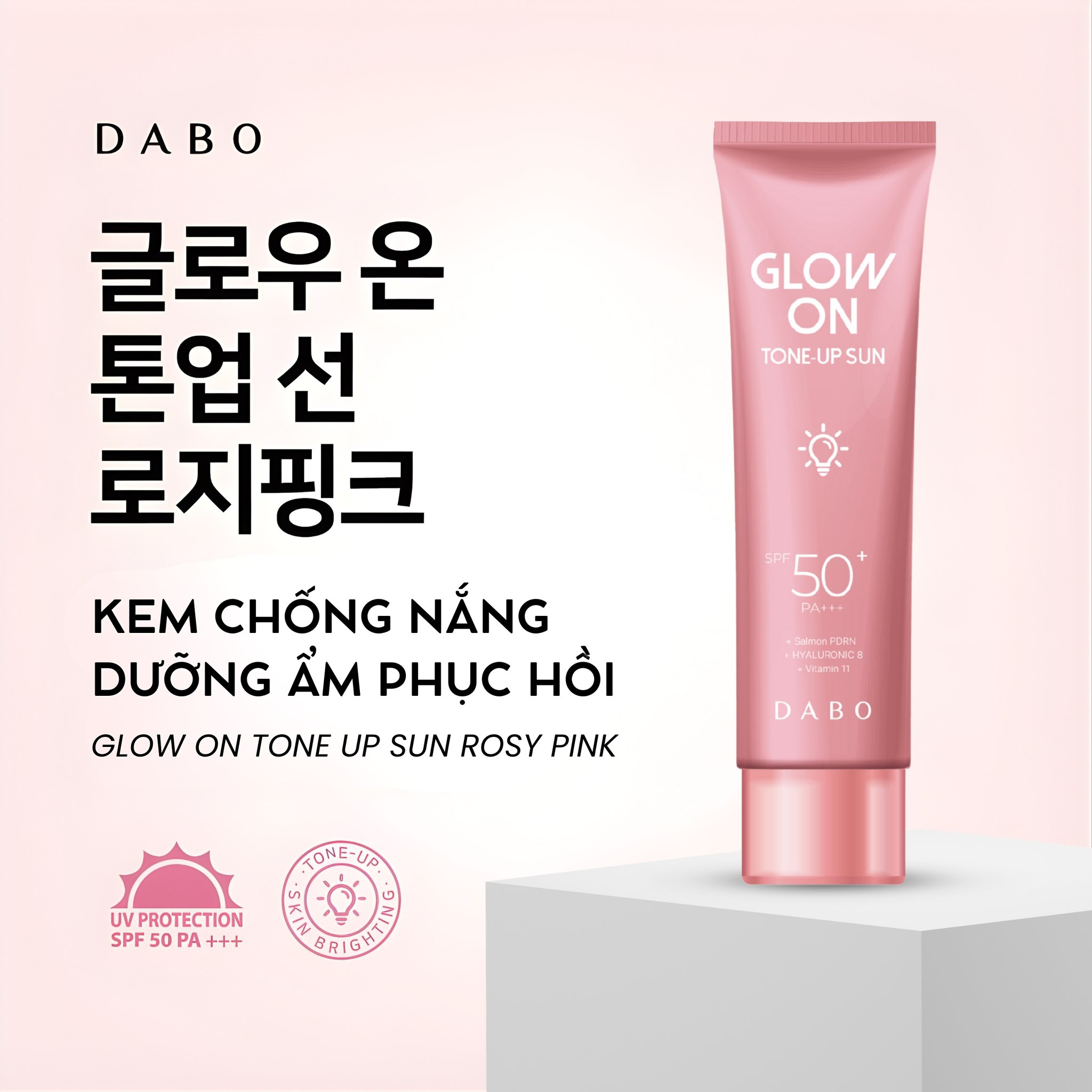 KEM CHỐNG NẮNG NÂNG TONE HỒNG CHIẾT XUẤT PDRN CÁ HỒI TRẺ HOÁ DA DABO GLOW ON TONE-UP SUN ROSY PINK SPF50+ PA+++