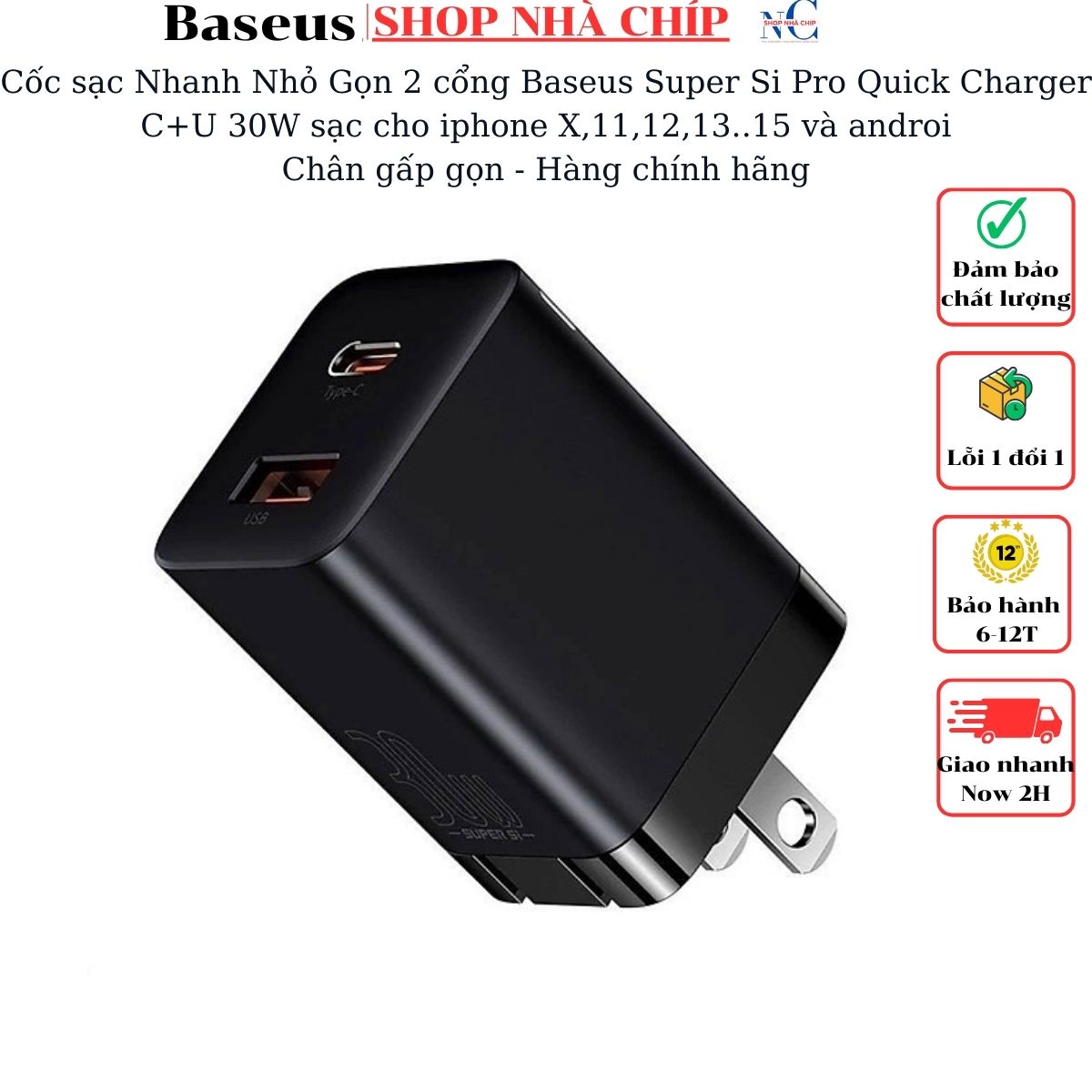 Cốc sạc Nhanh Nhỏ Gọn Baseus Super Si Pro Quick Charger C+U 30W- Hàng chính hãng
