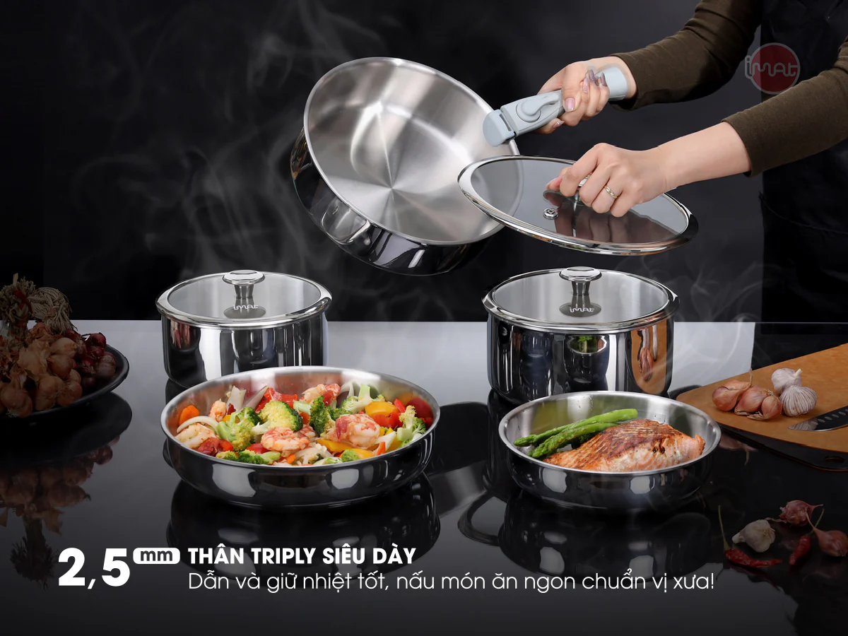 Bộ Nồi Chảo Inox Cán Rời 9 Món Không chống dính – Giải pháp nấu ăn đa năng cho gia đình.