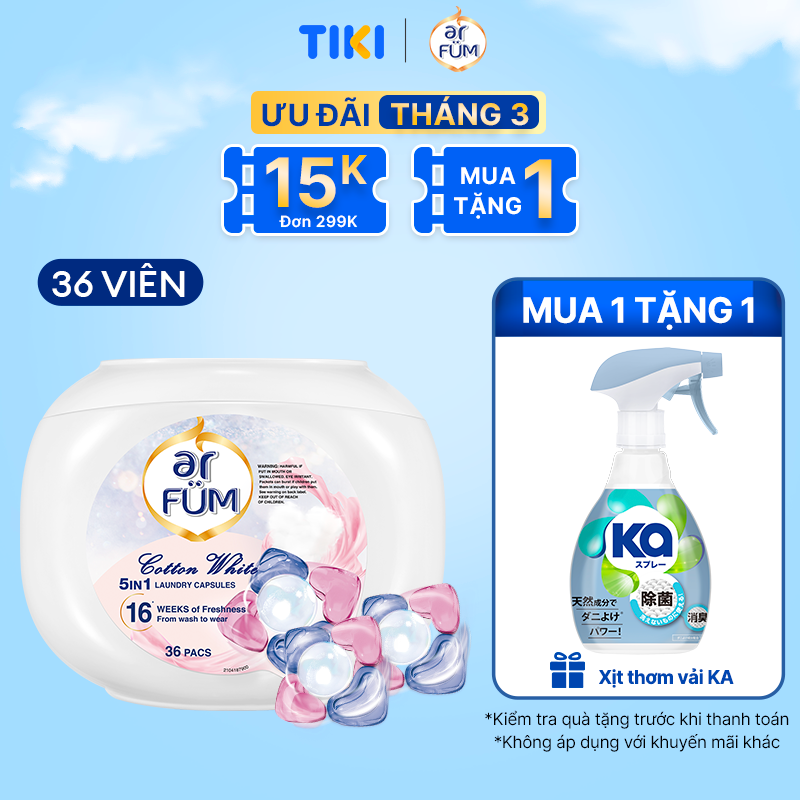 Viên giặt xả arFUM 5 trong 1 MỚI, tinh dầu nước hóa lưu hương lâu 16 tuần, khử khuẩn 99% - (36 viên/Hộp)