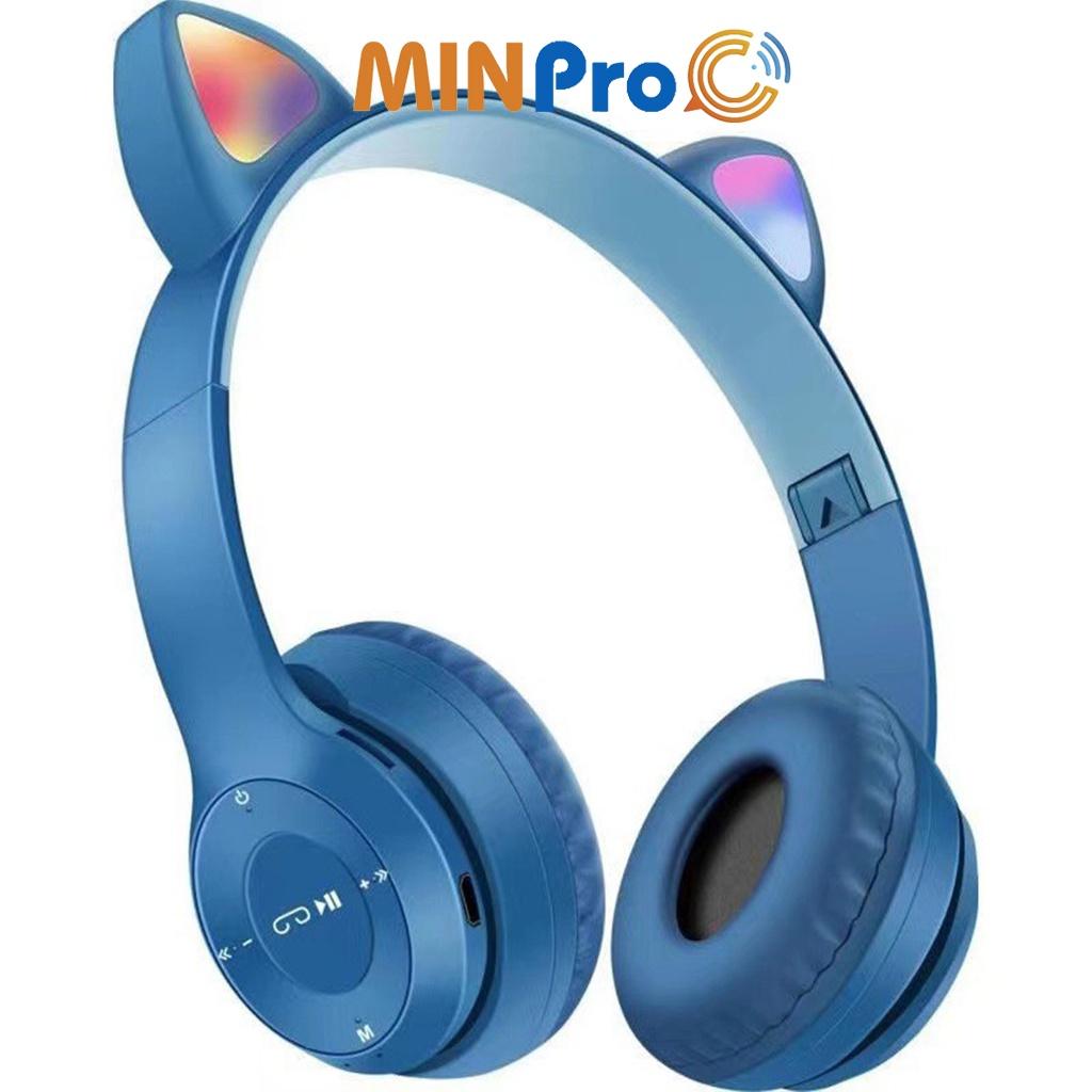 Tai nghe chụp tai mèo bluetooth 5.0 cute, Headphone tai mèo 7 màu led phát sáng không dây có mic - MINPRO