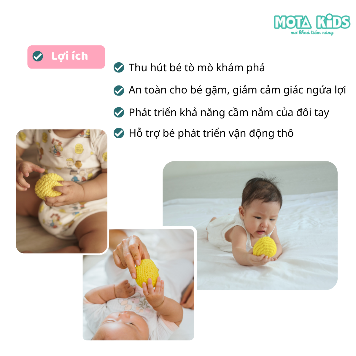 Đồ chơi bóng len cầm nắm và gặm nướu cho bé 3-6 tháng Montessori Mota - Hỗ trợ vận động- Giảm ngứa nướu- Hàng chính hãng