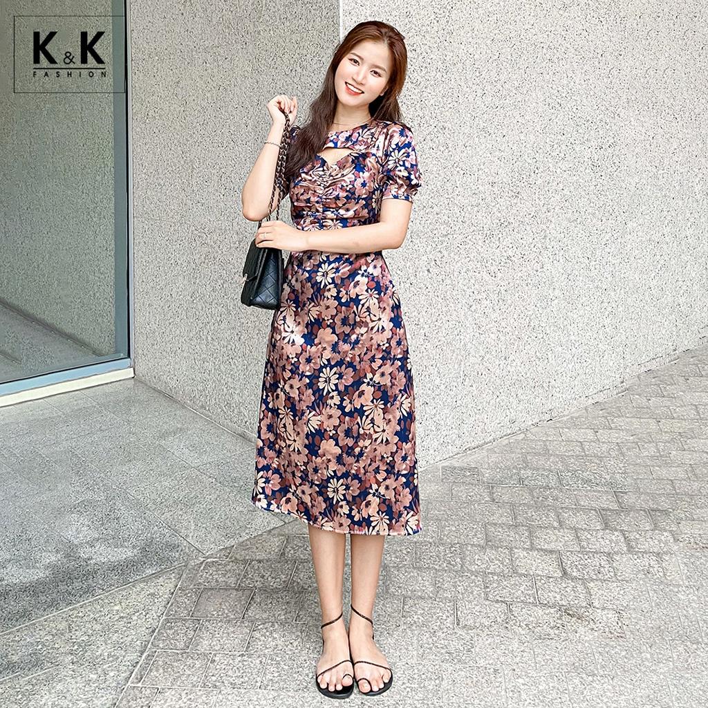 Đầm Hoa Midi Dáng Xòe Nhún Ngực K&amp;K Fashion KK120-32 Chất Liệu Lụa