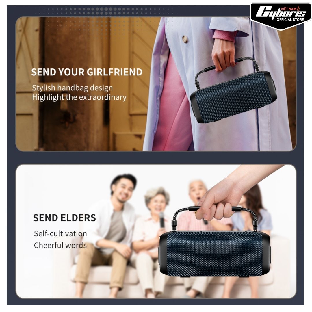 Loa Bluetooth Cyboris T12, Loa siêu Bass, Công suất 80W, Chống nước IPX7, Pin 10400mAh. Hàng Chính Hãng