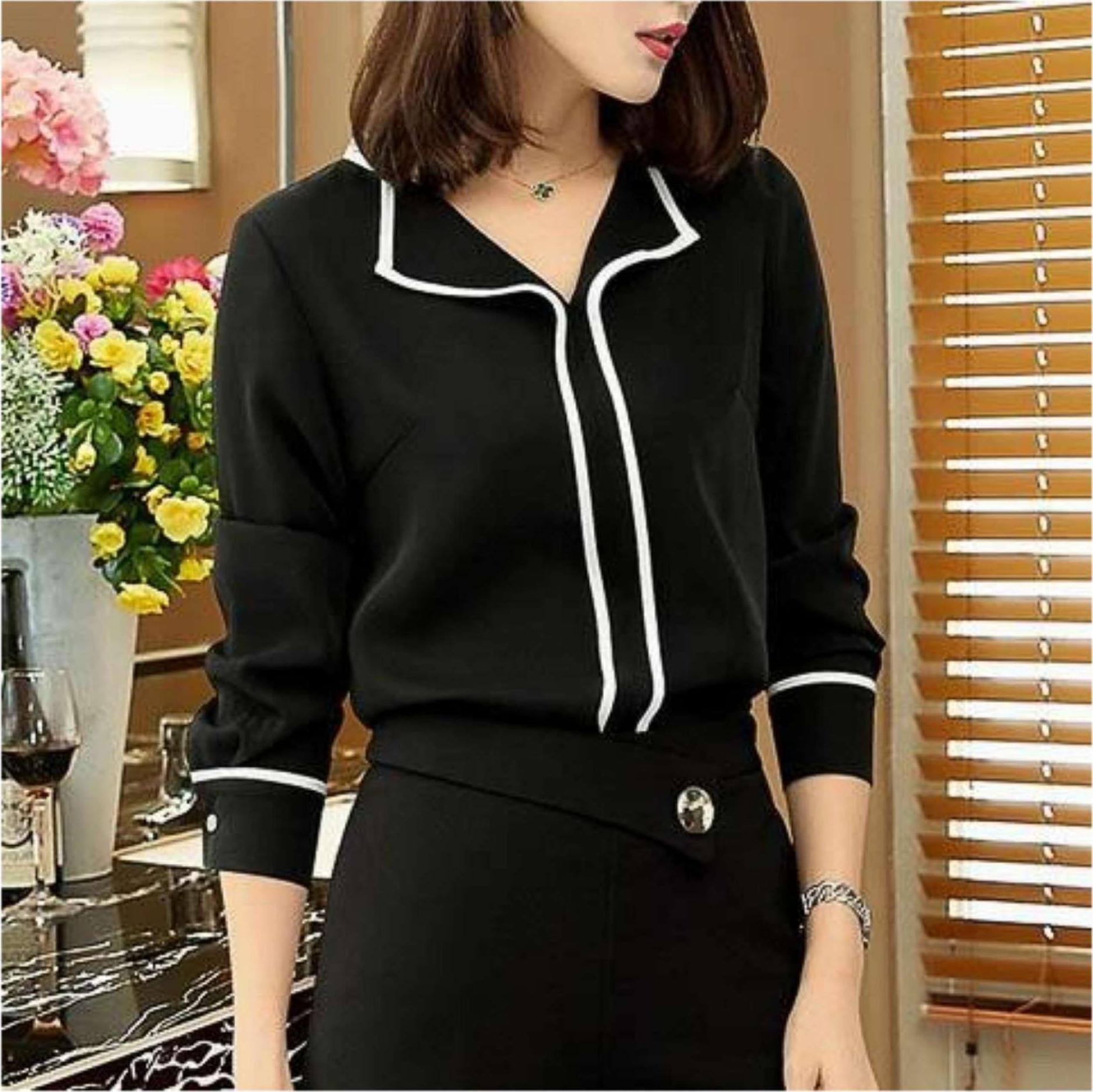 Aó cổ lật tay dài hồng dâu viền đen
