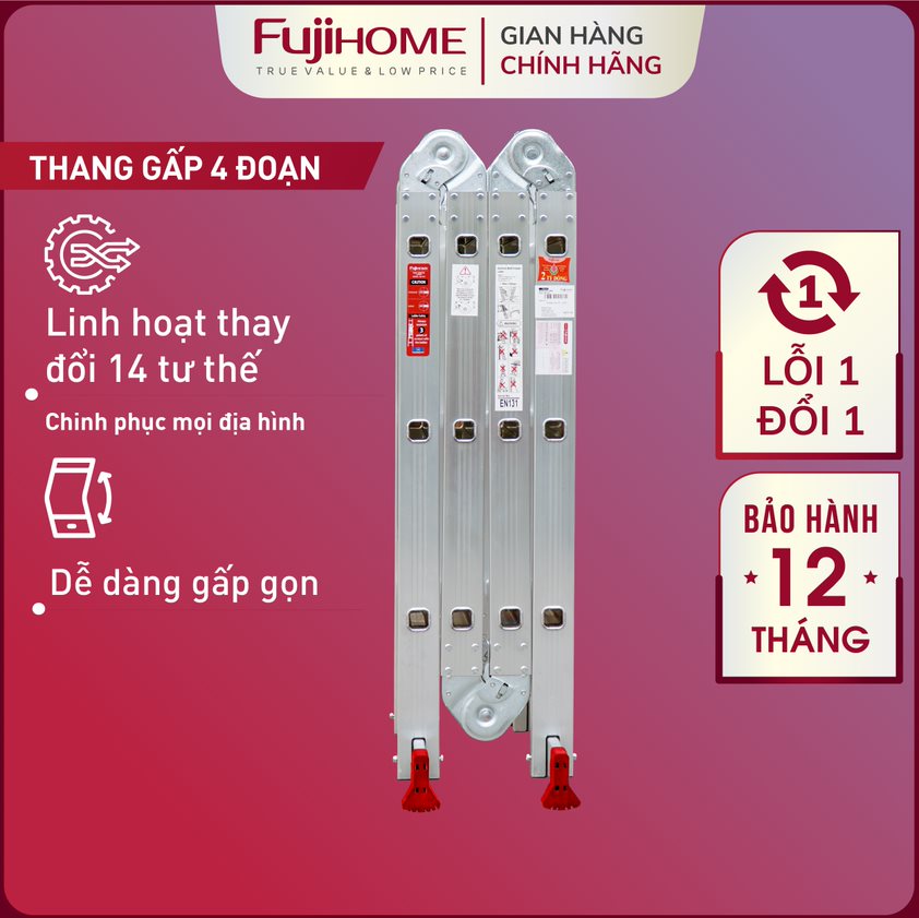 Thang nhôm gấp 4 đoạn Nhập Khẩu 4,7 mét siêu đa năng FUJIHOME, thang chữ M xếp gọn 4 khúc gia đình aluminum ladder