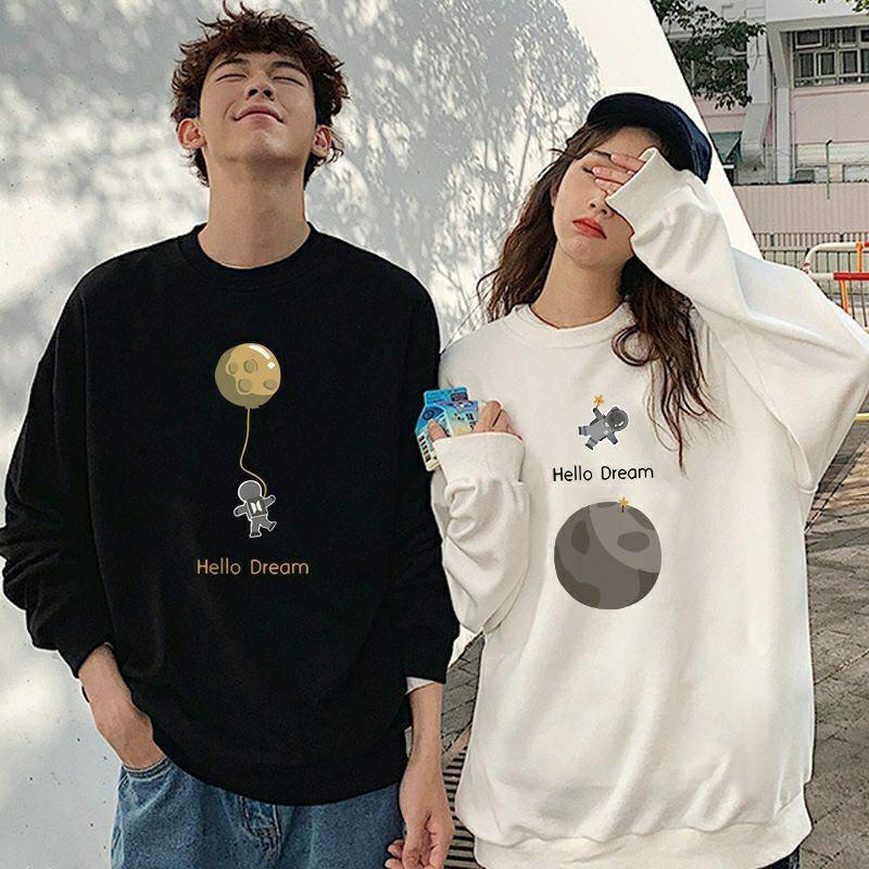 áo đôi sweater thu đông nỉ dày dặn, hình quả cầu cá tính - Nữ đen  nam trắng,L.XL