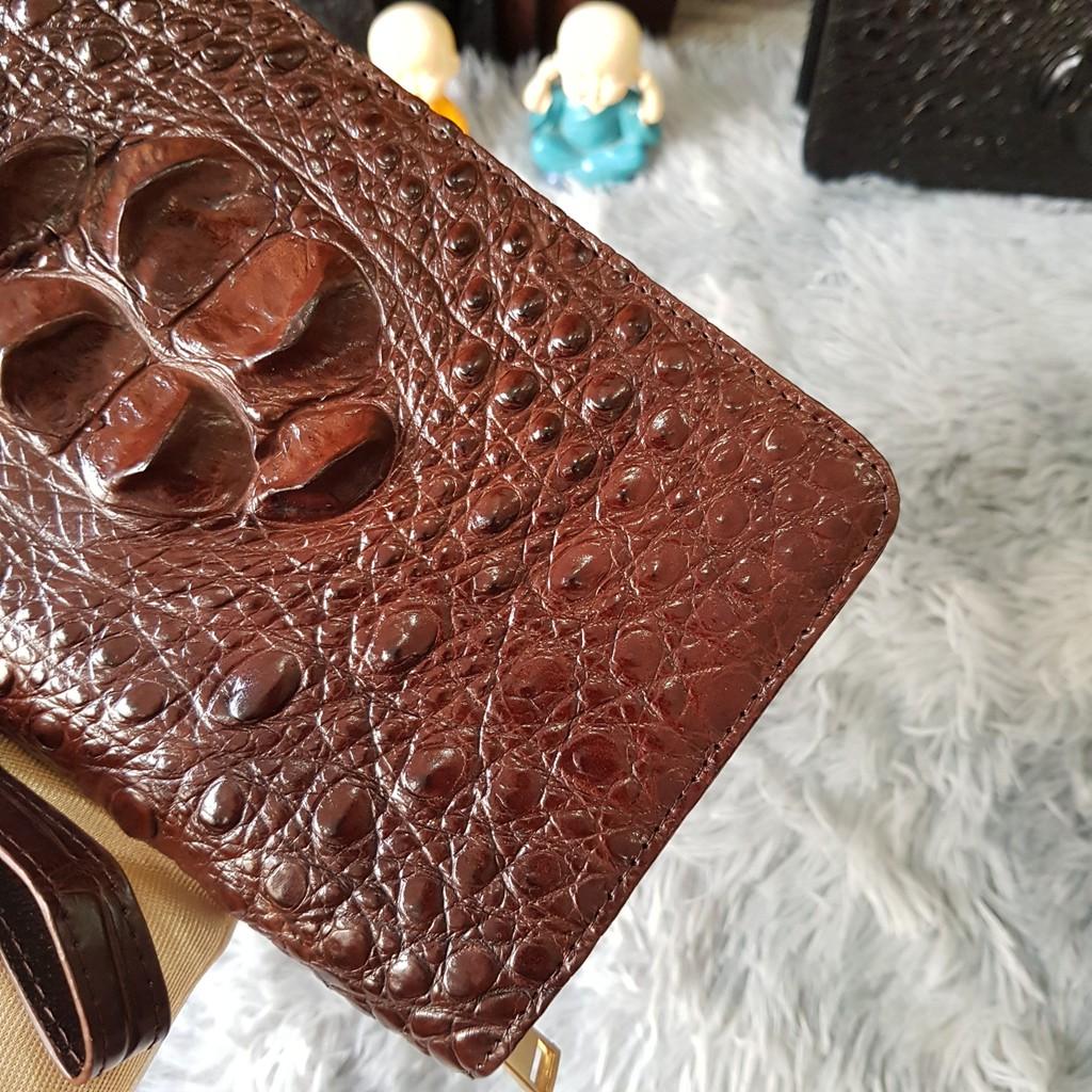 Ví Cầm Tay Cá Sấu Nữ/Nam | Ví Clutch Da Cá Sấu Gù To Một Khóa | Màu Nâu Cafe | Bảo Hành 24 Tháng.