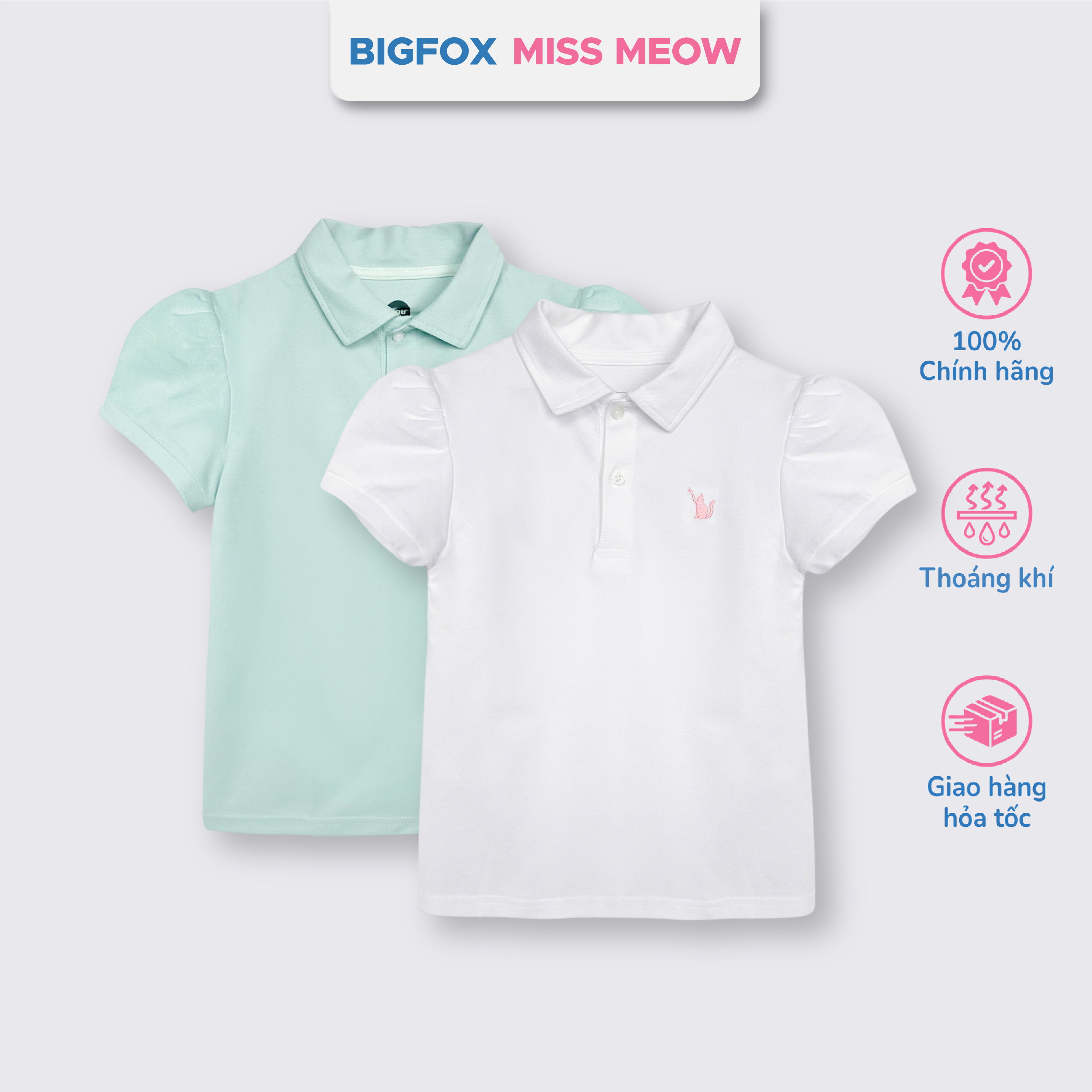 Áo polo bé gái Bigfox Miss Meow mùa hè, áo cộc tay đồng phục đi học có cổ 6,9,11 tuổi 30kg 40kg