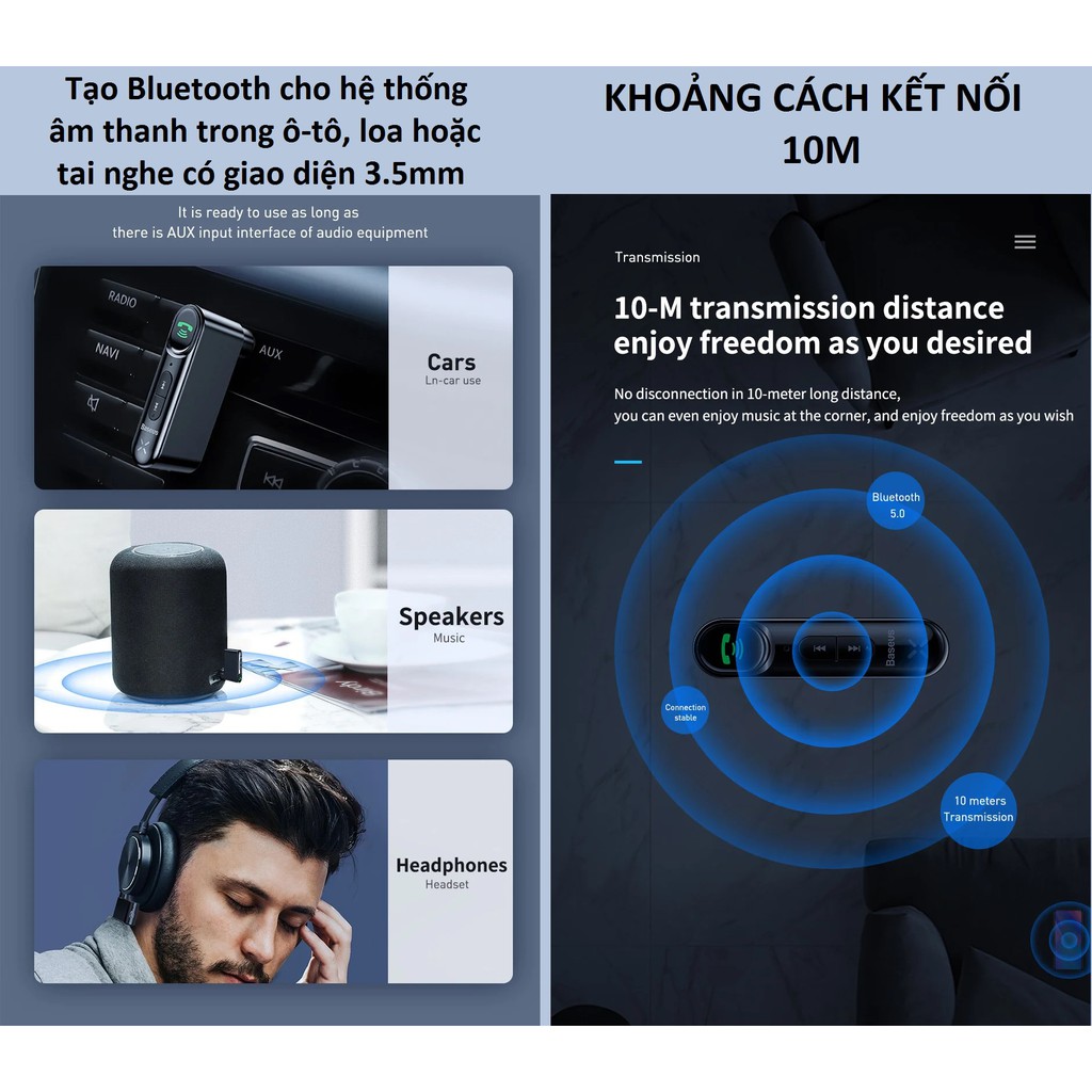 Thiết bị tạo Bluetooth cho loa trong ô-tô Baseus Type7 AUX Wireless Receiver BSBA 02 - Hàng chính hãng