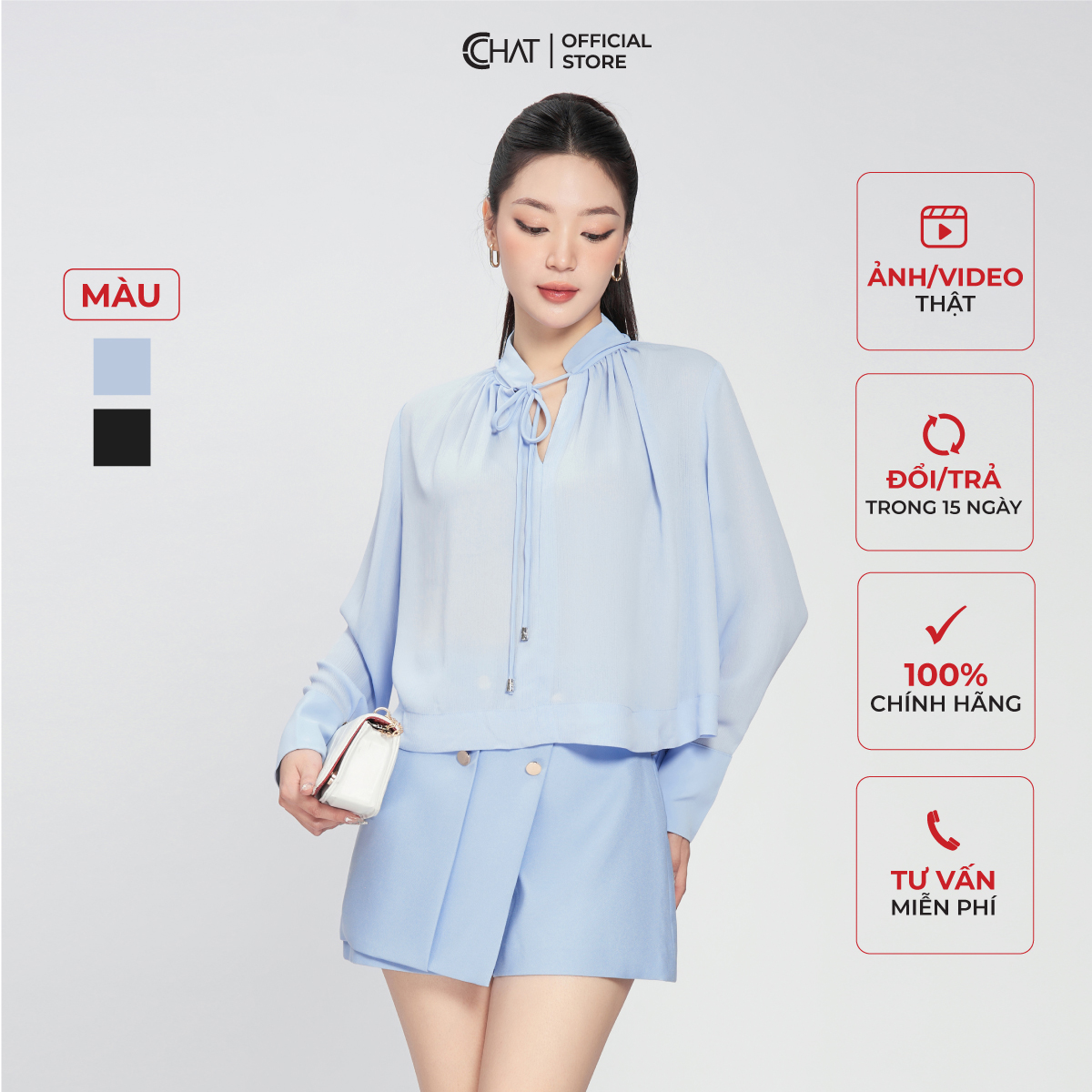 Áo Kiểu Nữ CCHAT Cổ Trụ V Dáng Suông Babydoll Chất Voan Cao Cấp Mềm Nhẹ 53ADV8002ST