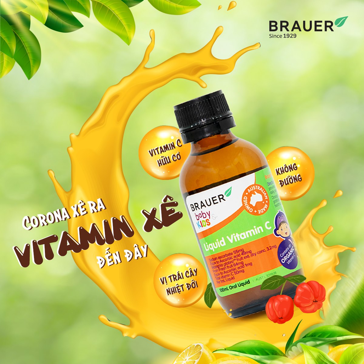 Vitamin C cho trẻ 1 - 13 tuổi Brauer Úc tăng đề kháng, tăng hệ miễn dịch, xương, răng chắc khỏe, nhanh lành vết thương (bệnh) - OZ Slim Store