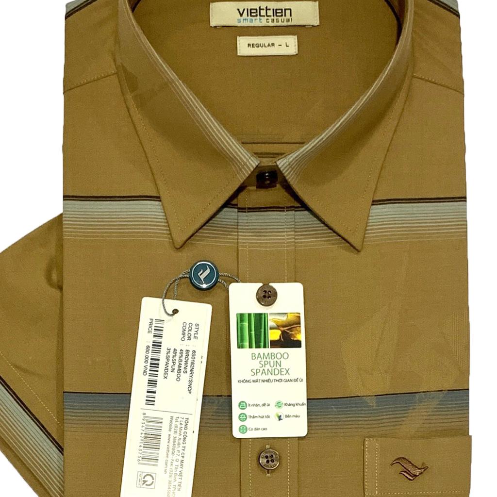 Viettien - Áo sơ mi nam ngắn tay xẻ tà vạt ngang Bamboo spun Regu