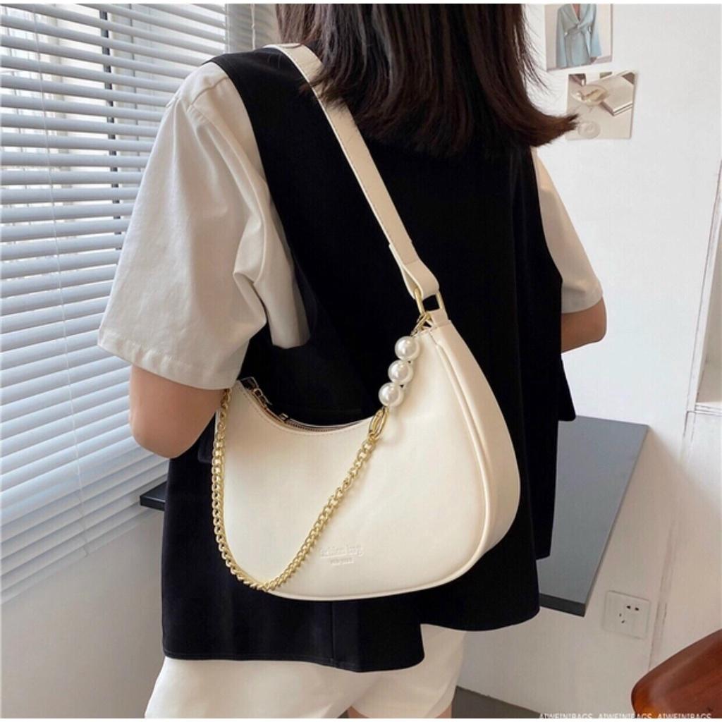 Túi Xách Nữ Kẹp Nách Đeo Vai Chất Da Kèm Dây Xích Phối Ngọc Thời Trang Hàn Quốc Cá Tính Cao Cấp - TDC120