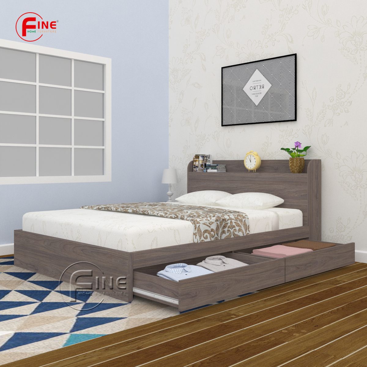 Giường Hộp Cao Cấp Có 2 Hộc Kéo FINE FG176 Kích thước 1m6 Thiết kế sang trọng hiện đại