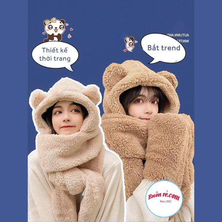 Mũ lông cừu kèm khăn quàng cổ và bao tay giữ ấm 3 trong 1 cho mùa đông - Mũ lông cừu tai gấu đáng yêu hot trend 01484