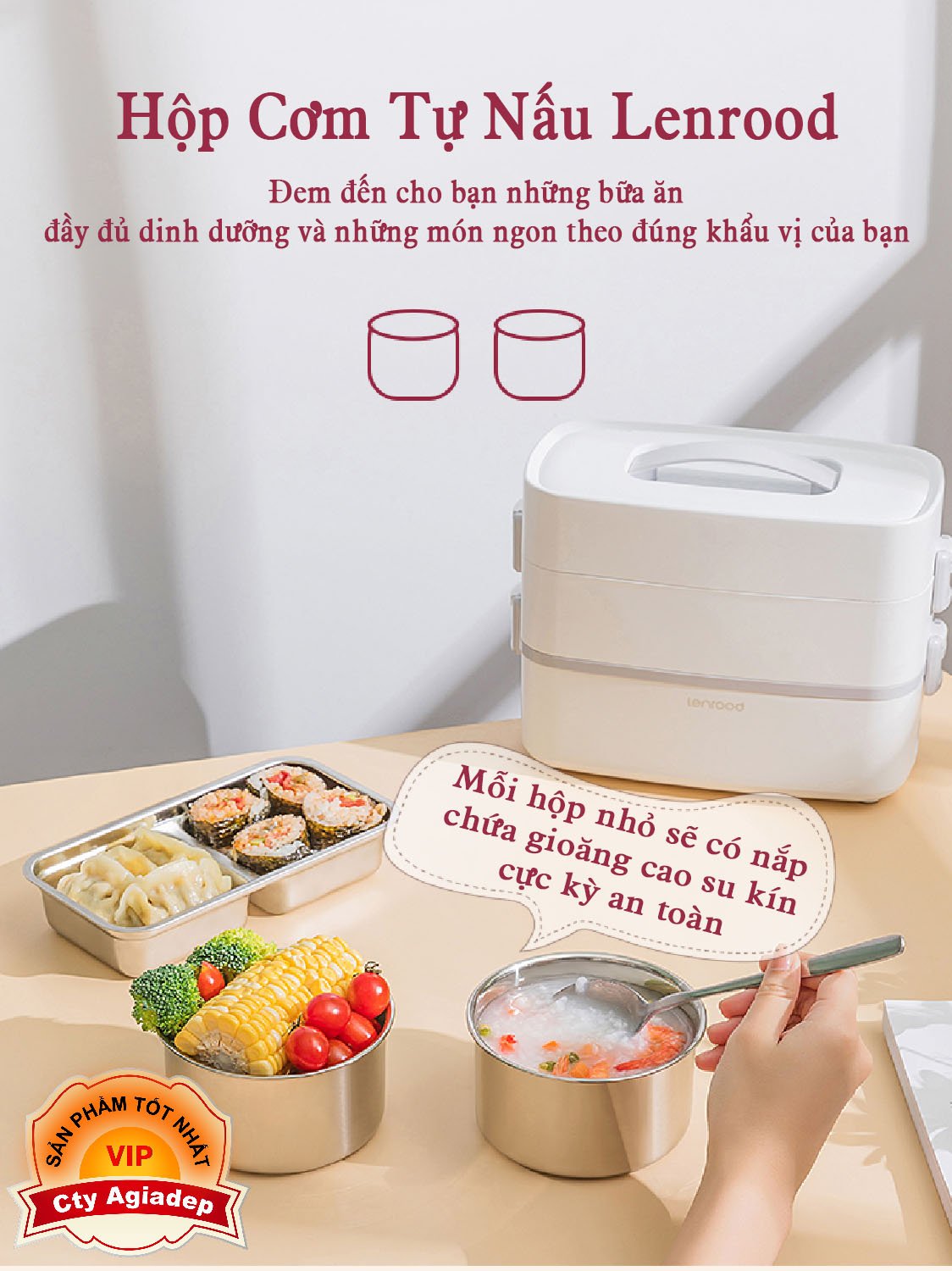 Hộp cơm tự nấu Lenrood 3 thâng 1.8L cao cấp dùng để nấu, hâm nóng và bảo quản đồ ăn.