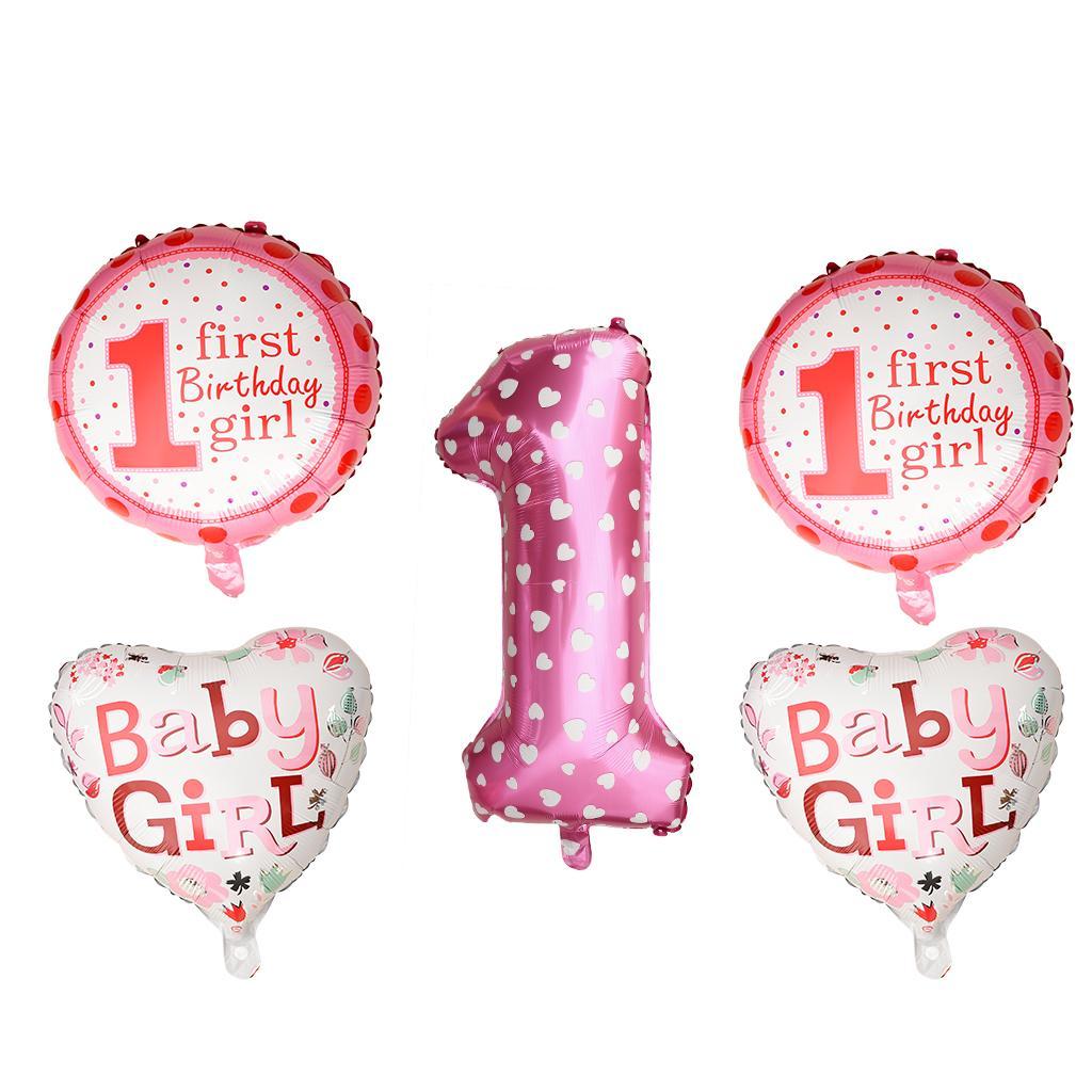 5pcs/set Cute Foil Balloons Baby Shower 1st Birthday Party Decor Pink Girl