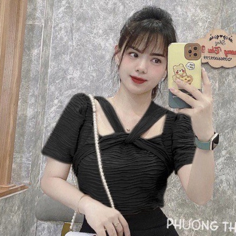 Áo kiểu nữ khoét vai chất vải thun xốp tay ngắn