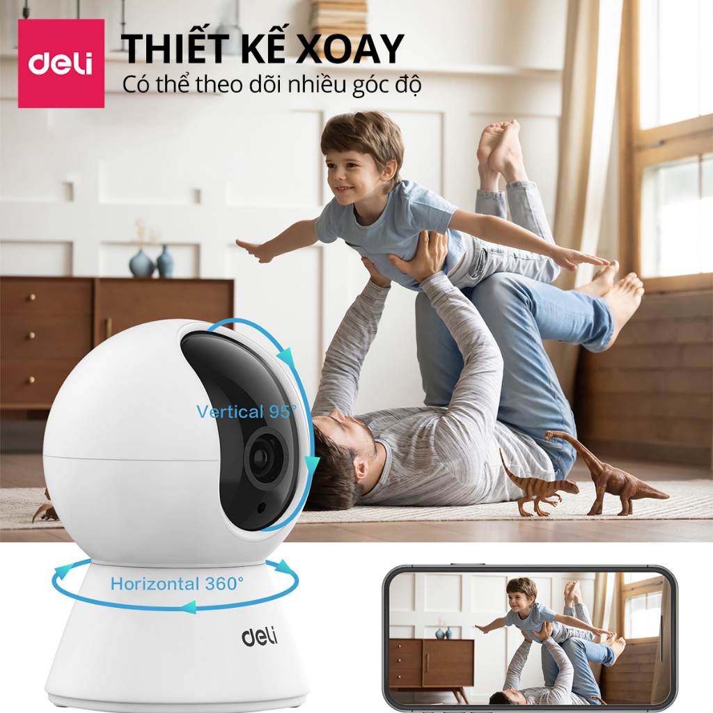 Camera Wifi IP DELI Full HD 2M Xoay 360 Độ Giám Sát Gia Đình, Văn Phòng, Điều Khiển Từ App Kèm Thẻ Nhớ 128GB - Hàng Chính Hãng - ES105