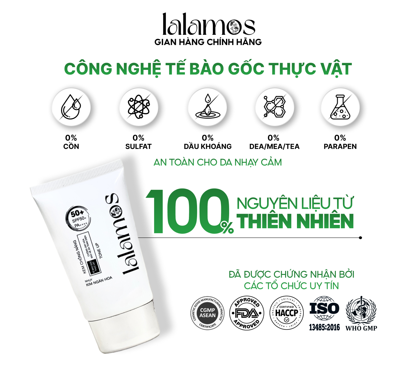 Kem chống nắng Lalamos nhụy Kim Ngân Hoa tone up unisex SPF 50+ PA++++ 50ml