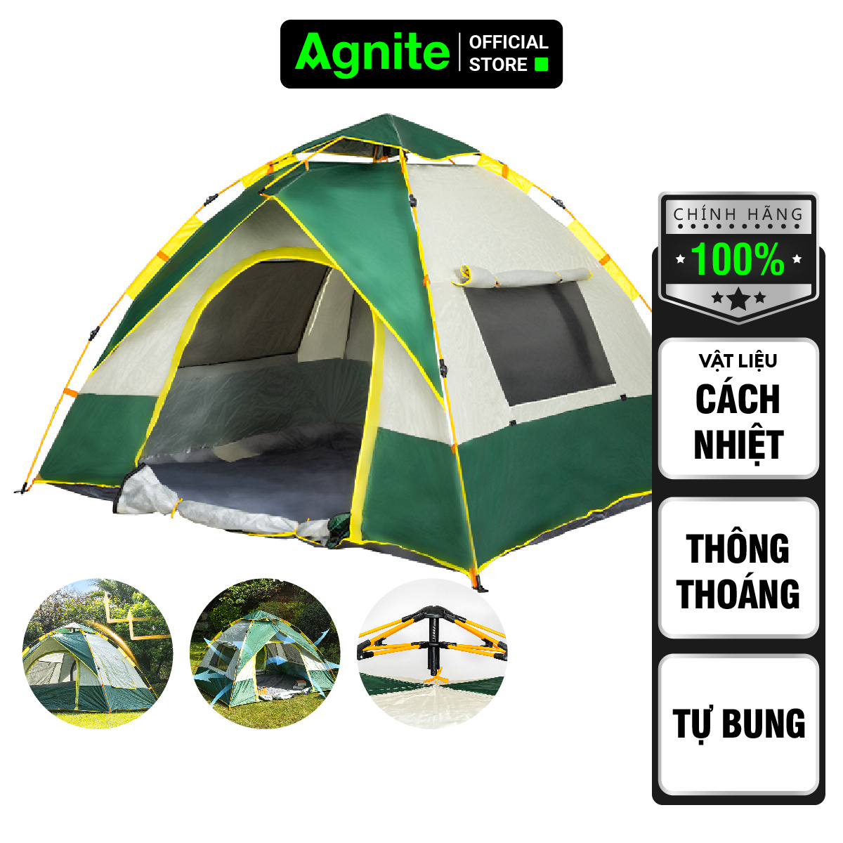 Lều cắm trại, picnic tự bung 4 cửa cao cấp Agnite dành cho 2-4 người - dễ dựng - tiện lợi - chống tia UV, chống thấmnước