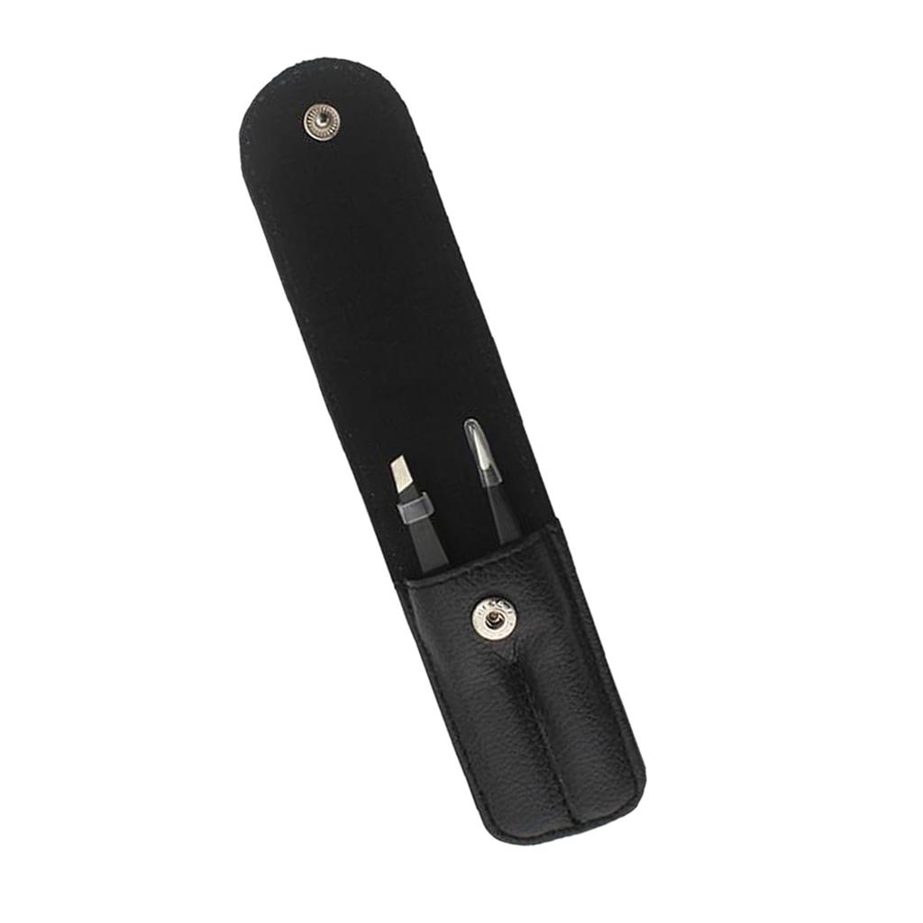 2pcs Stainless Steel Eyebrow Splinter Facial Hair Removal Precision Flat Point Tweezers Set with Leather Case, Black