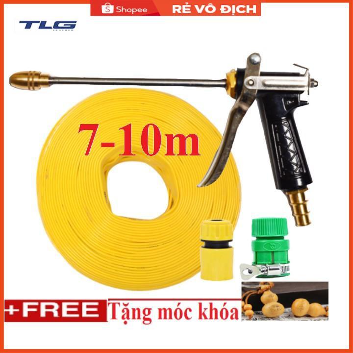 Bộ dây vòi xịt nước rửa xe, tưới cây . tăng áp 3 lần, loại 7m, 10m 206318 đầu đồng,cút,nối vàng+tặng móc khoá