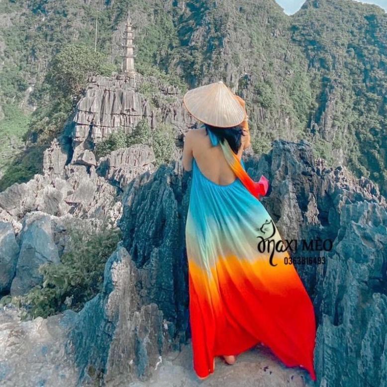 Đầm váy maxi mango lót lụa mút ngực loang màu cổ yếm hoa kèm ảnh thật shop tự chụp đi biển dự tiệc dạo phố bigsize